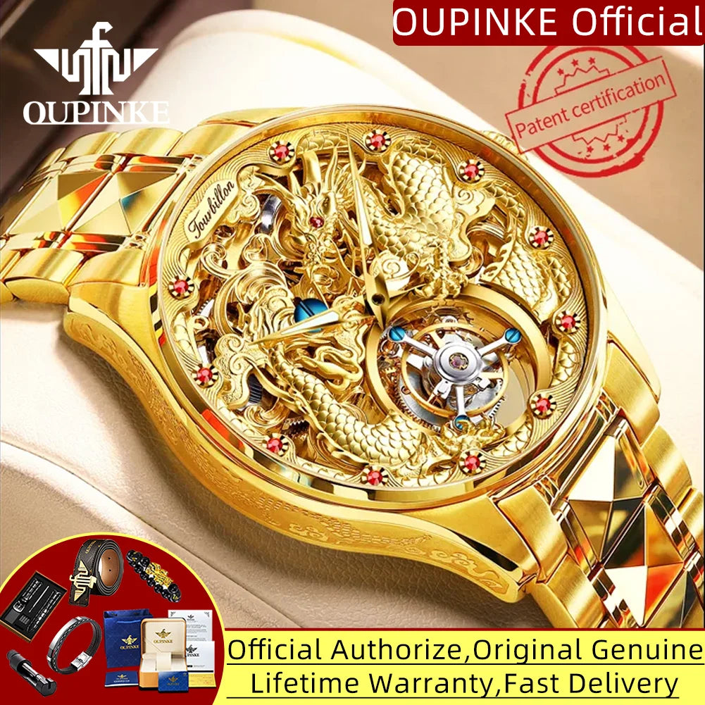 OUPINKE 3176 Real Tourbillon Watch for Men Gold Dragon Watch Skeleton Automatic Mechanical Wristwatch High-end Luxury Man Watch