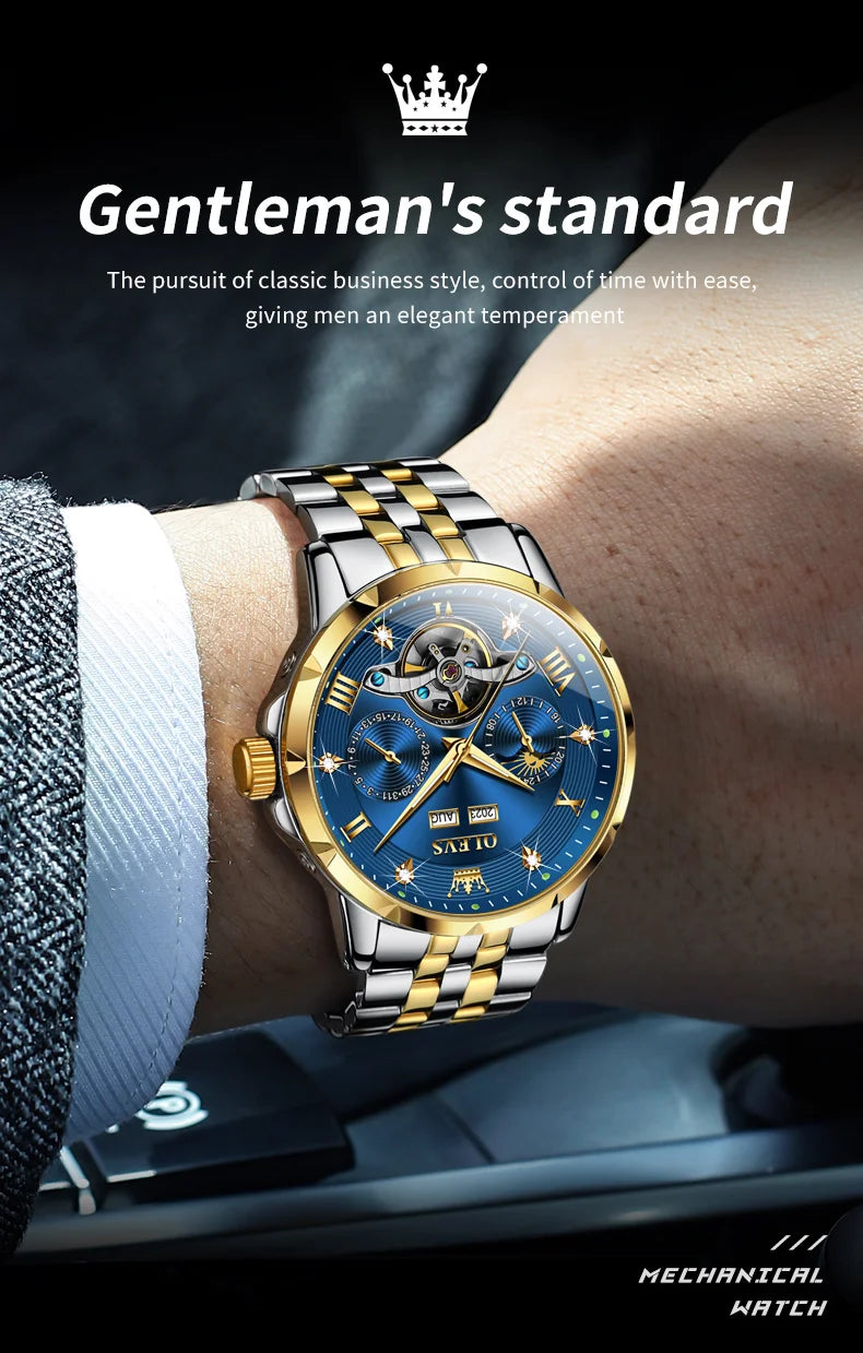 OLEVS Skeleton Multifunctional Men's Watch Automatic Mechanical Luxury Wrist Watch For Men Waterproof Stainless Steel Strap 6691