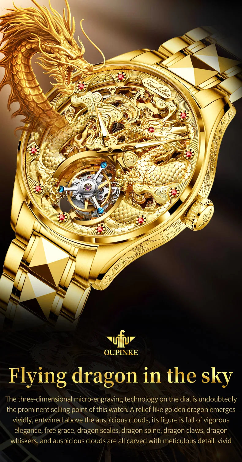 OUPINKE Real Tourbillon Watches Man Tungsten Steel Skeleton Flywheel Automatic Mechanical Men's Watches Luxury Dragon Watch 3176