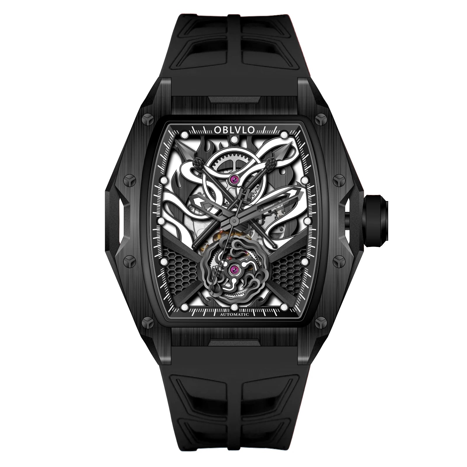 OBLVLO Top Luxury Men's Designer Skeleton Watc Fashion Tonneau Super Luminous Rubber Band Automatic Watches Relojes ZM