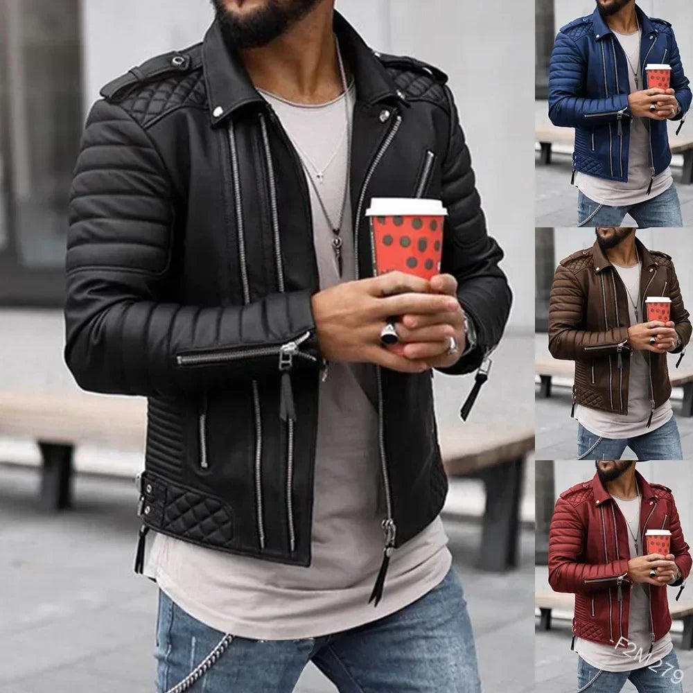 New  Autumn Winter Mens Leather Jackets Thickened Lapel Cotton-padded Zipper Leather Coat Streetwear Fashion Male Tops