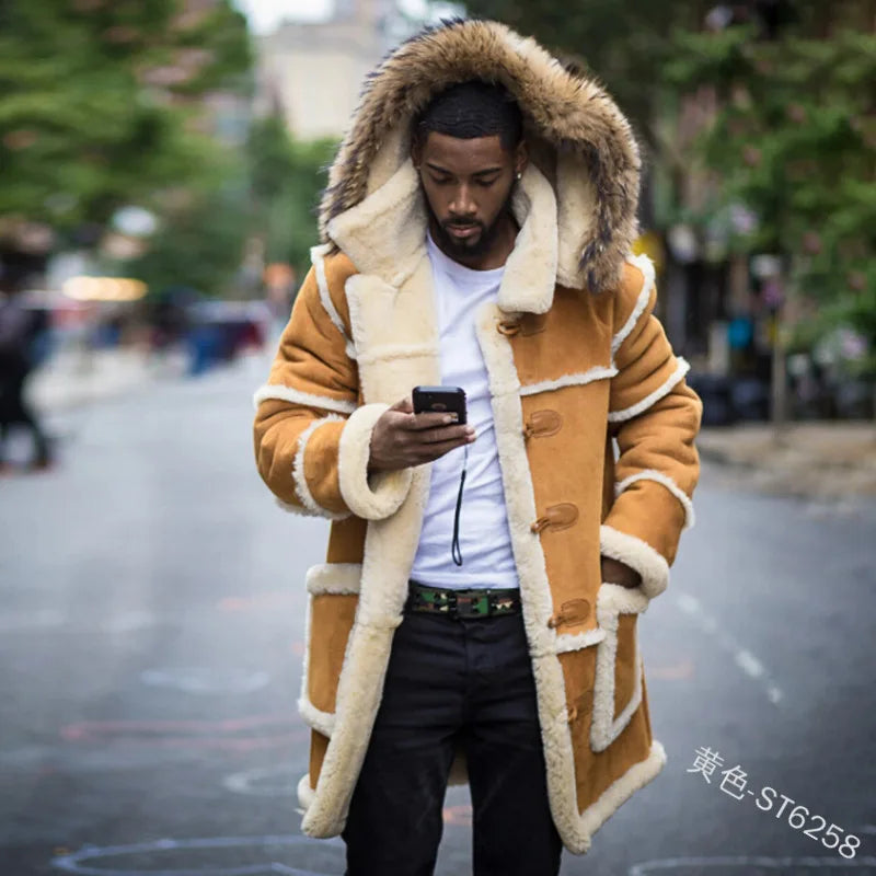 2022 New Men Winter Fashion Leather Jacket Casual Men Clothing Lamb Fur Hooded Jacket Fur Coats Punk Warm Leather Coat Windproof