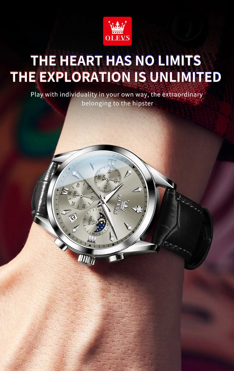 OLEVS 3609 Original Moon Phase Chronograph Man Watch Leather Strap Waterproof Luminous Luxury Brand Quartz Wrist Watches for Men
