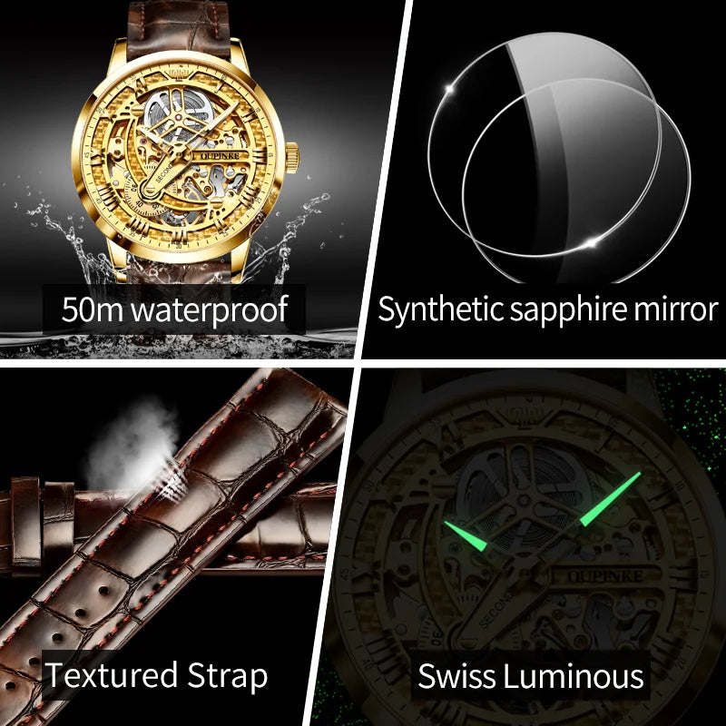 OUPINKE Great Price Reduction Luxury Brand Men Watch Gold Fully Automatic Mechanical Watch Waterproof Luminous Original Watch