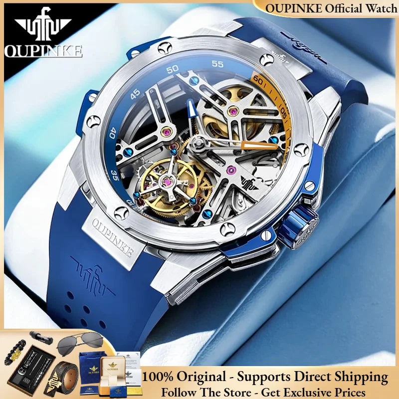 OUPINKE 8003 Tourbillon Watch Top Luxury Brand Men Fully Automatic Mechanical Watch Waterproof Silicone Strap Original Men Gifts