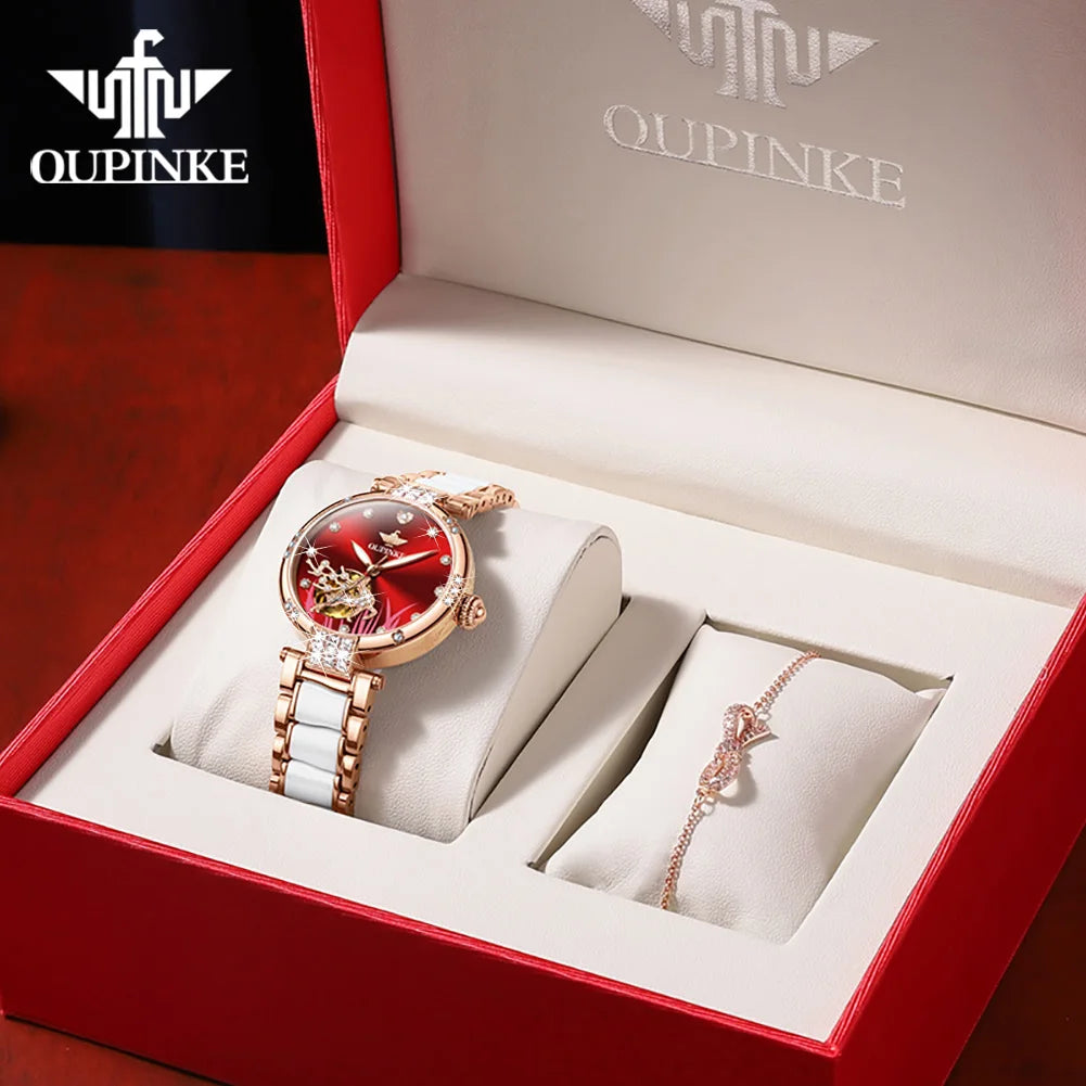 OUPINKE 3211 Women's Watch Elegant Rose Gold Diamond Ceramic Automatic Machinery Women's Watch Luxury Brand Women's Bracelet Set