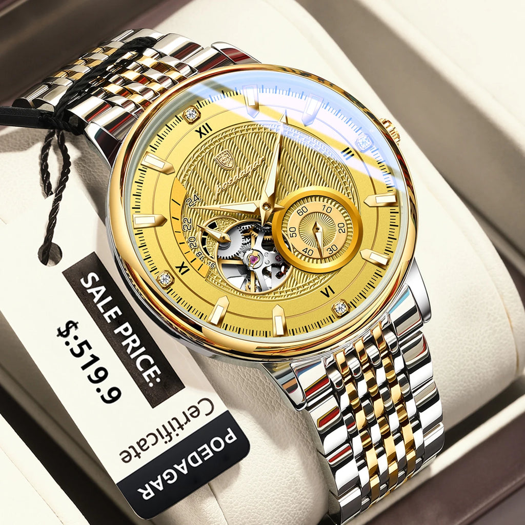POEDAGAR Top Luxury Men Clock Luminous Hollow Tourbillon Automatic Man Wristwatch Mechanical Stainless Steel Men's Watches Reloj