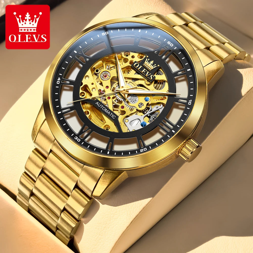 OLEVS Men Gold watch Skeleton Luxury Watch automatic mechanical Classic Wristwatches For Men Waterproof High Quality 6728