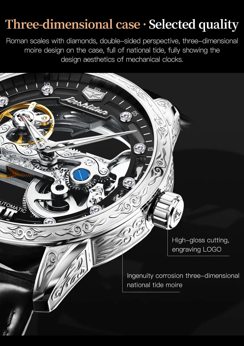 JSDUN 8917 Mens Watch Leather Strap Original Business Multifunctional Mechanical Watch﻿ Waterproof Watches For Man Gifts