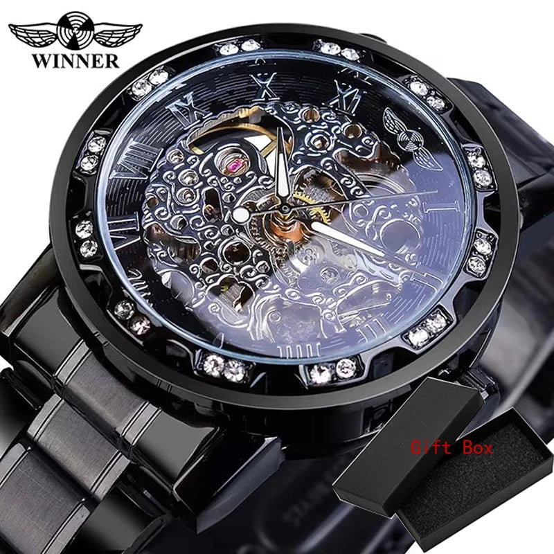 Winner Transparent Fashion Diamond Luminous Gear Movement Royal Design Men Top Brand Luxury Male Mechanical Skeleton Wrist Watch