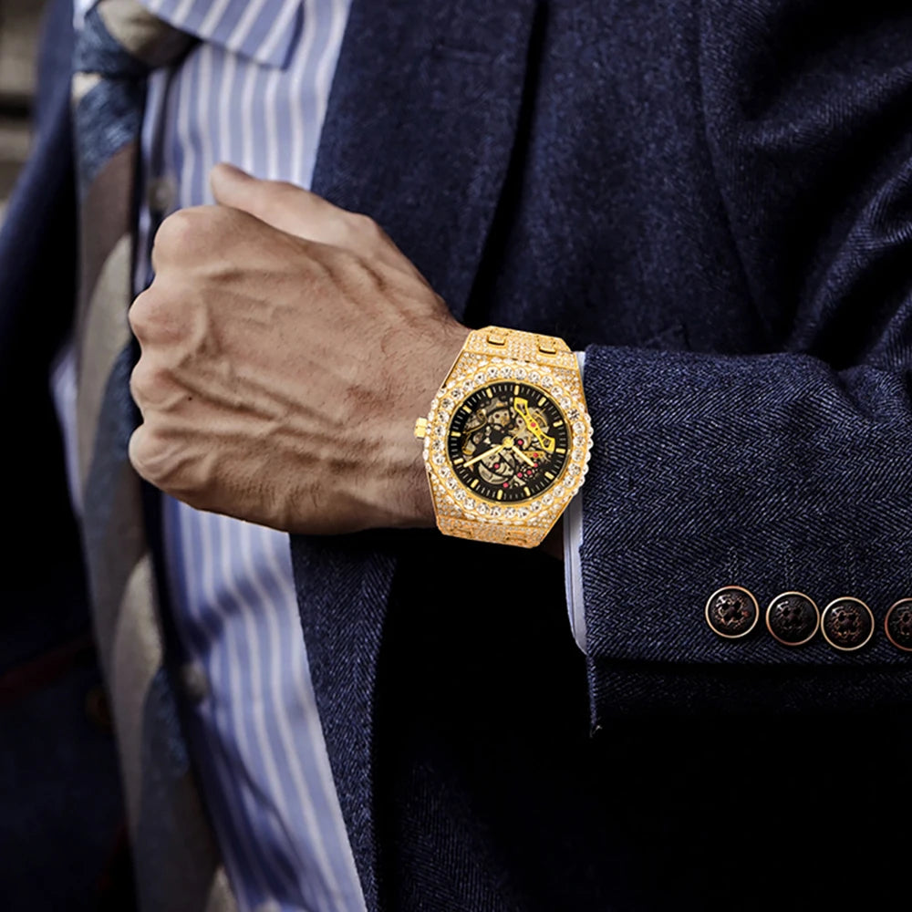 Automatic Watch For Men Luxury Full Ice Out Business Tourbillon Watches Bling Diamond Gold Male Mechanical Wristwatch Hot Sale