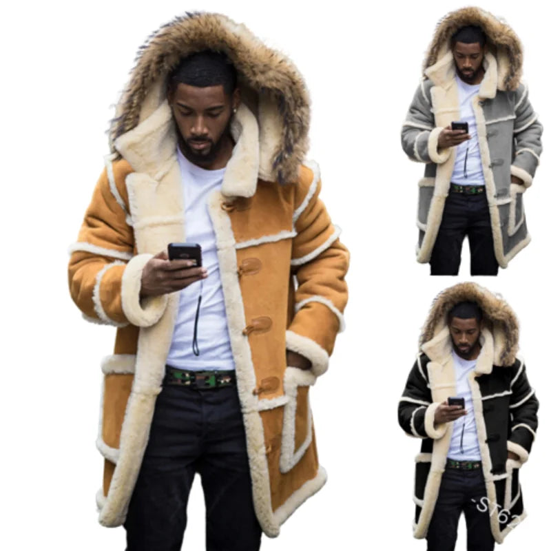 2022 New Men Winter Fashion Leather Jacket Casual Men Clothing Lamb Fur Hooded Jacket Fur Coats Punk Warm Leather Coat Windproof