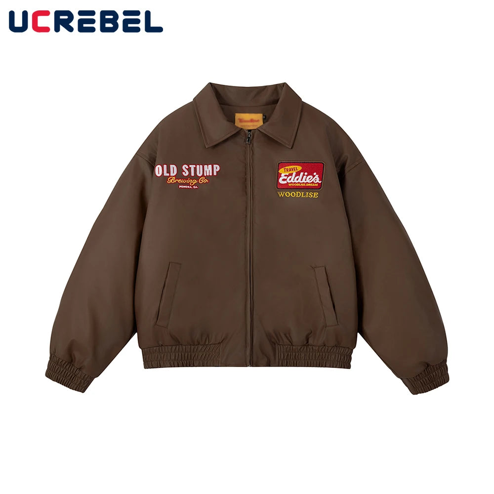 Letter Embroidery Quilted Leather Jacket Mens Winter Thick Retro High Street Lapel Long Sleeve Padded Jacket Men