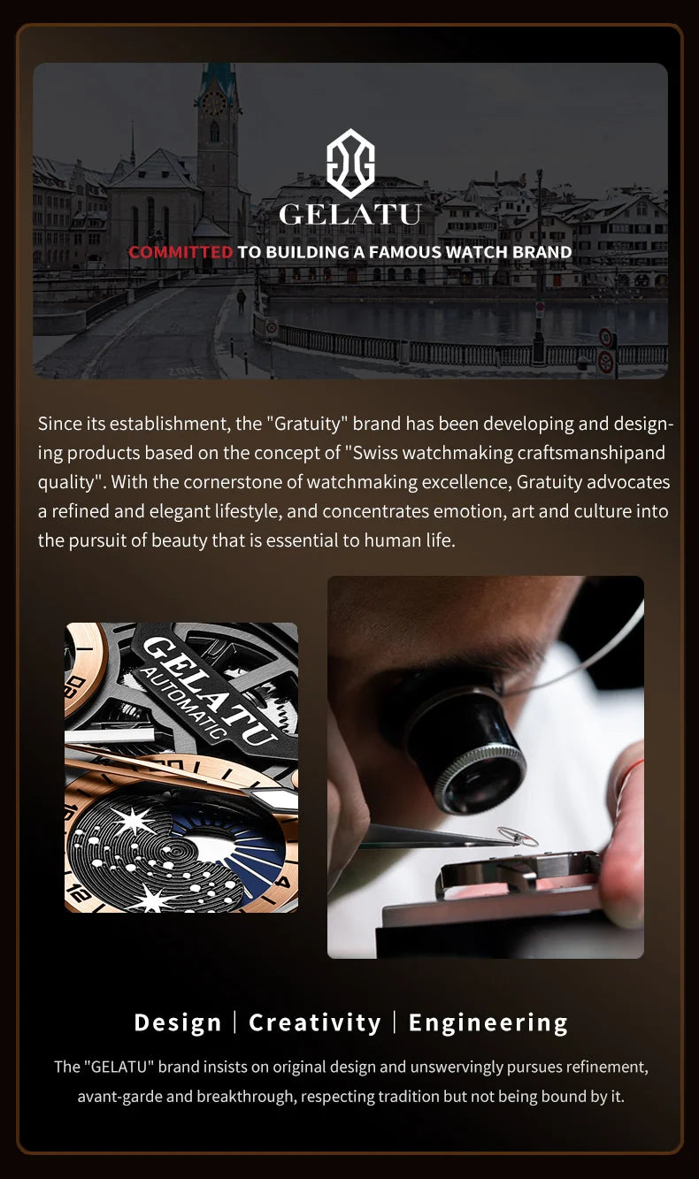 GELATU 6020 Trend Men's Watches Multifunctional Automatic Mechanical Watch for Men Flywheel Hollow out Moon Phase Wristwatch Man