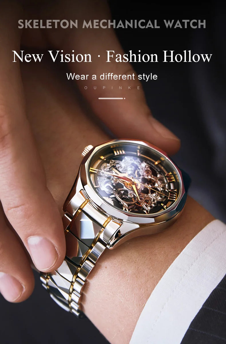 OUPINKE Tungsten Steel Strip Men's Watches Fully Transparent Dial Automatic Mechanical Watch Waterproof Sapphire Mirror Surface