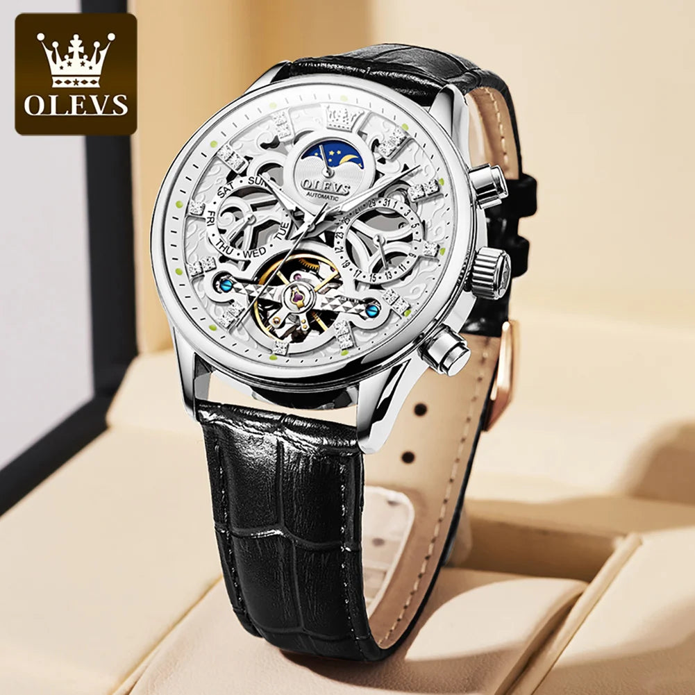 OLEVS 6658 Automatic Watches for Men Leather Strap Moon Phase Men's Hollow Mechanical Wristwatch Waterproof Calendar Hand Clock