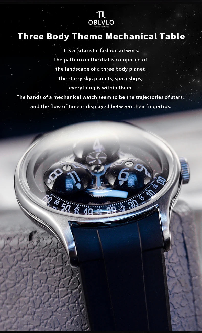 OBLVLO New Design Trisome Star Planet Automatic Watch For Men Luxury Super Luminous 316L Steel Case Mechanical Watch BLM-TRISOME