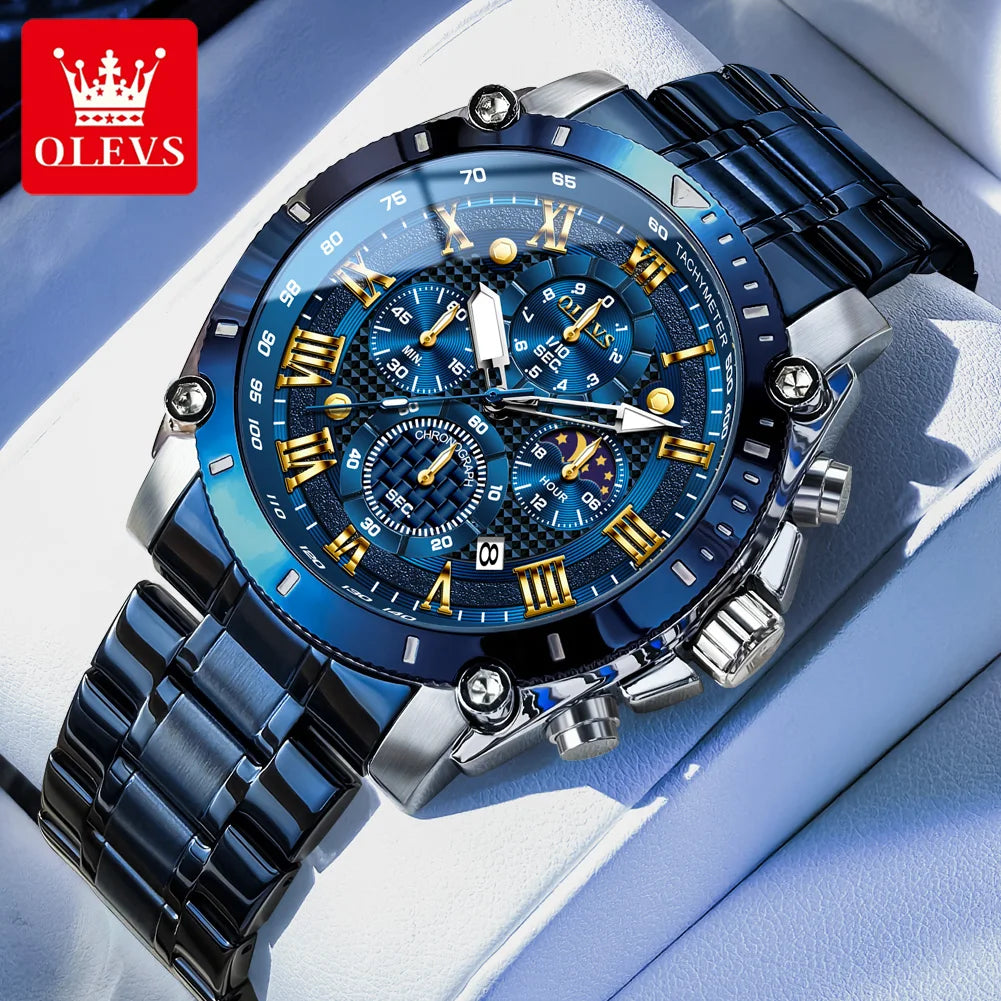 OLEVS Watches Man 3689 New Original Quartz Watch Waterproof Luminous Moon Phase Sports Watches For Man Stainless Steel Reloj