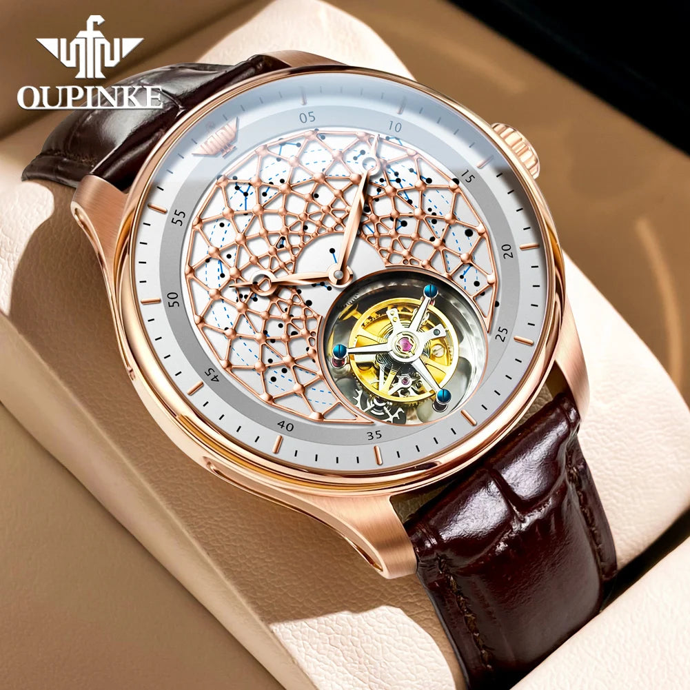 OUPINKE 8002 Watch Man Hollow Deep Waterproof Tourbillon Mechanical Watch For Men Synthetic Sapphire Mirror Fashion Hand Clock
