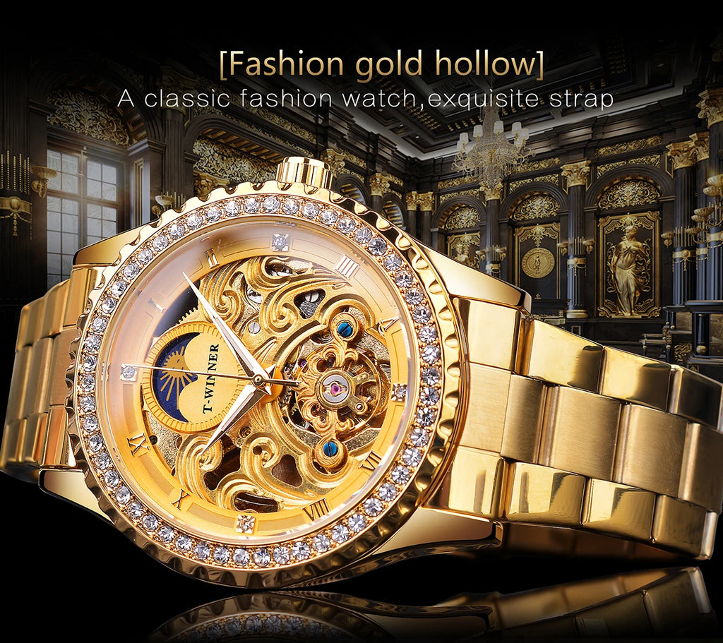 Winner Brand Golden Moon Phase Design Luxury Retro Style Diamond Full Stainless Steel Skeleton Tourbillon Men Automatic Watches