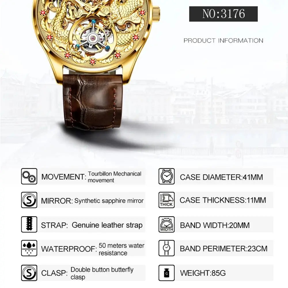 OUPINKE 3176 Top Brand Tourbillon Watch for Men Original Leather Strap Golden Dragon Design Automatic Mechanical Movement Watch