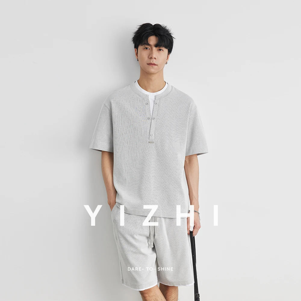 2025 New Men's Sports Suit Henry Collar Two-piece Casual Outdoor Loose Short Sleeve Shorts Fashion Korean Men's Summer Suit