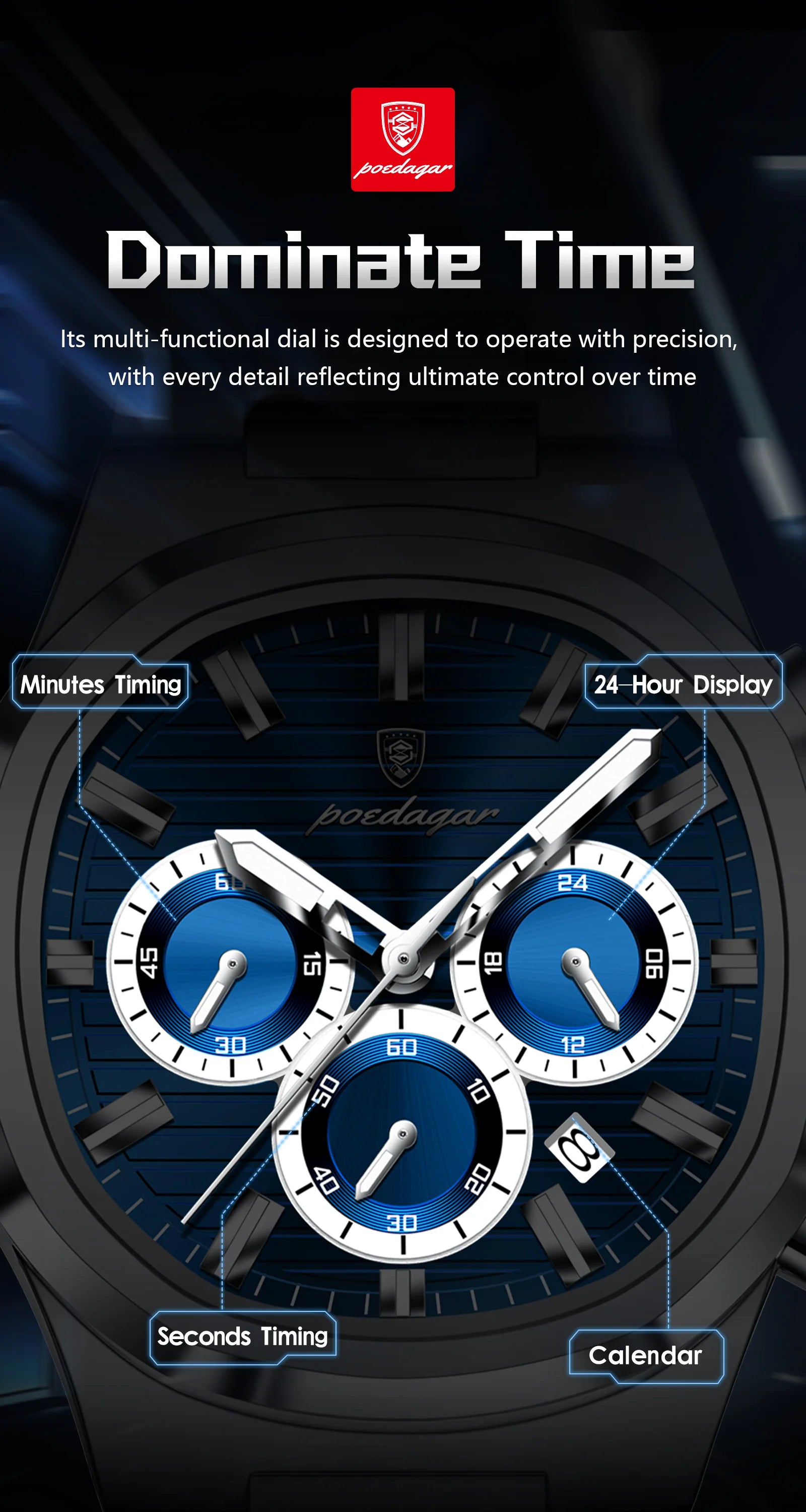 POEDAGAR Business Man Wristwatch Date Chronograph Waterproof Luminous Luxury Men Watch Stainless Steel Quartz Men's Watches Male