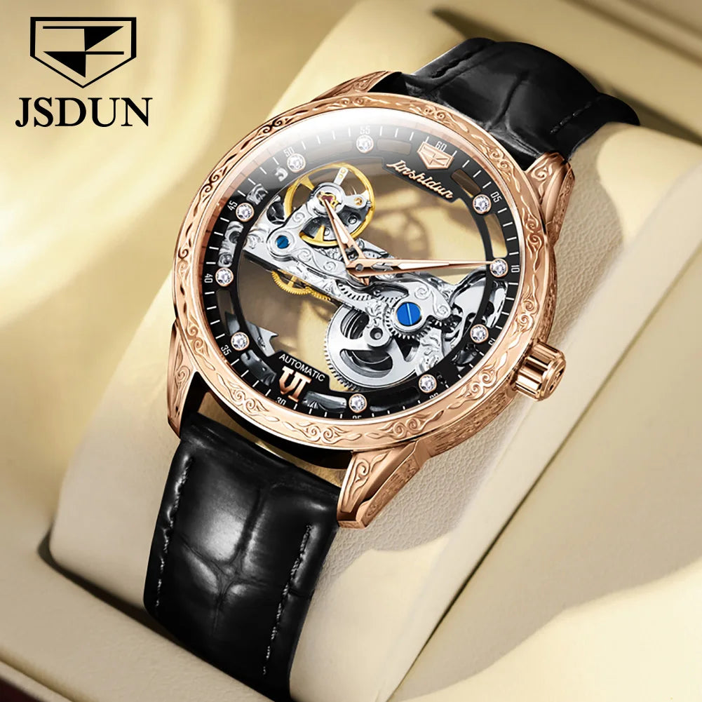 JSDUN 8917 Mens Watch Leather Strap Original Business Multifunctional Mechanical Watch﻿ Waterproof Watches For Man Gifts