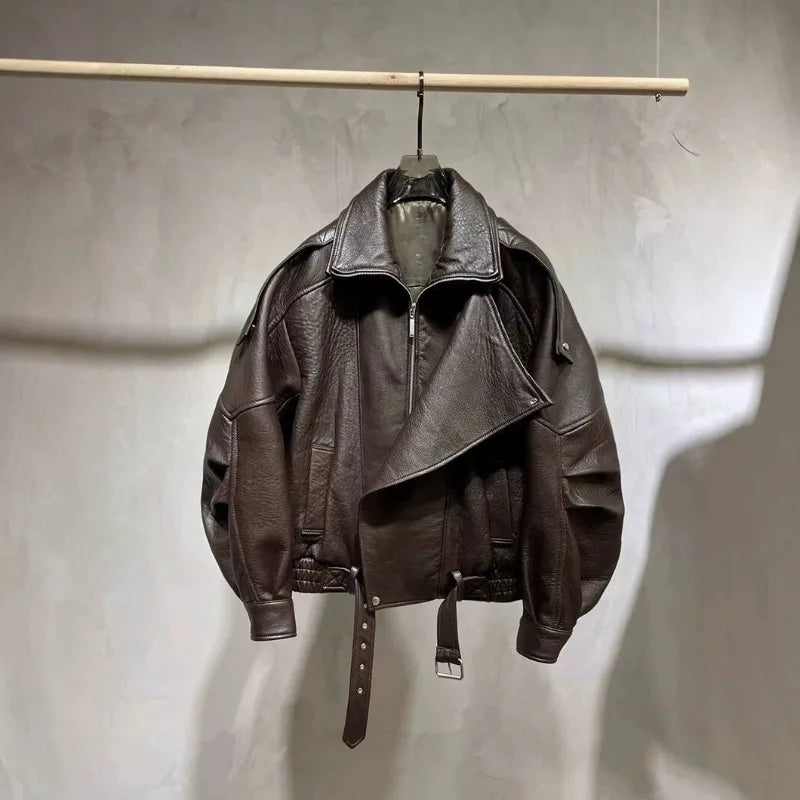 Lamb Soaked Leather Motorcycle Jacket Loose PU Leather Jacket Oversize2025 New High-end Simple Early Autumn Jacket