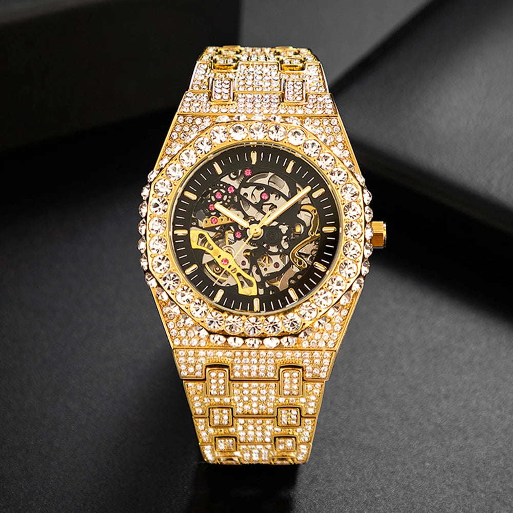 Automatic Watch For Men Luxury Full Ice Out Business Tourbillon Watches Bling Diamond Gold Male Mechanical Wristwatch Hot Sale