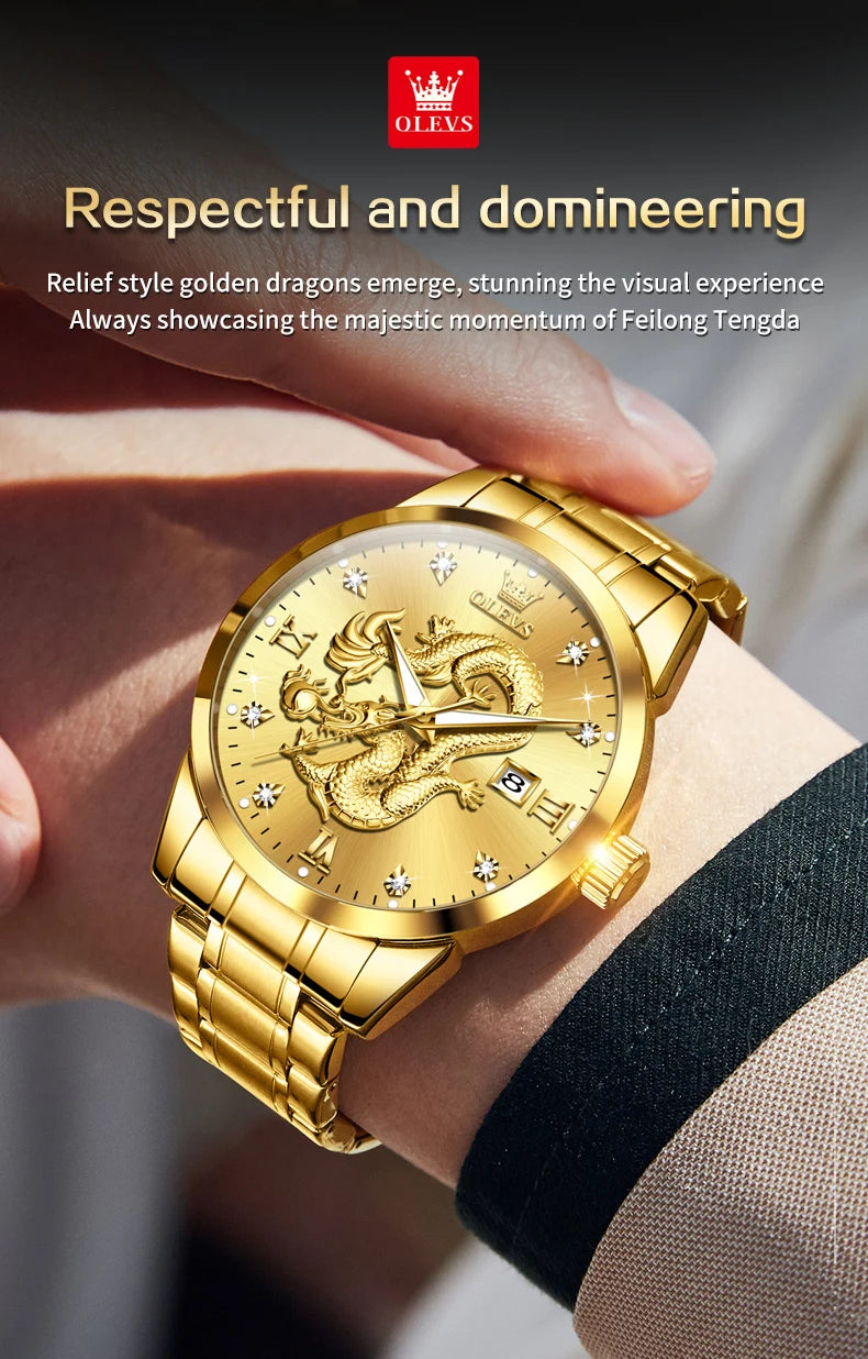 OLEVS 3619 Mens Watch Top Brand Fashion Original Quartz Watch for Man China Loong Dragon Dial Waterproof Luminous Date Reloj