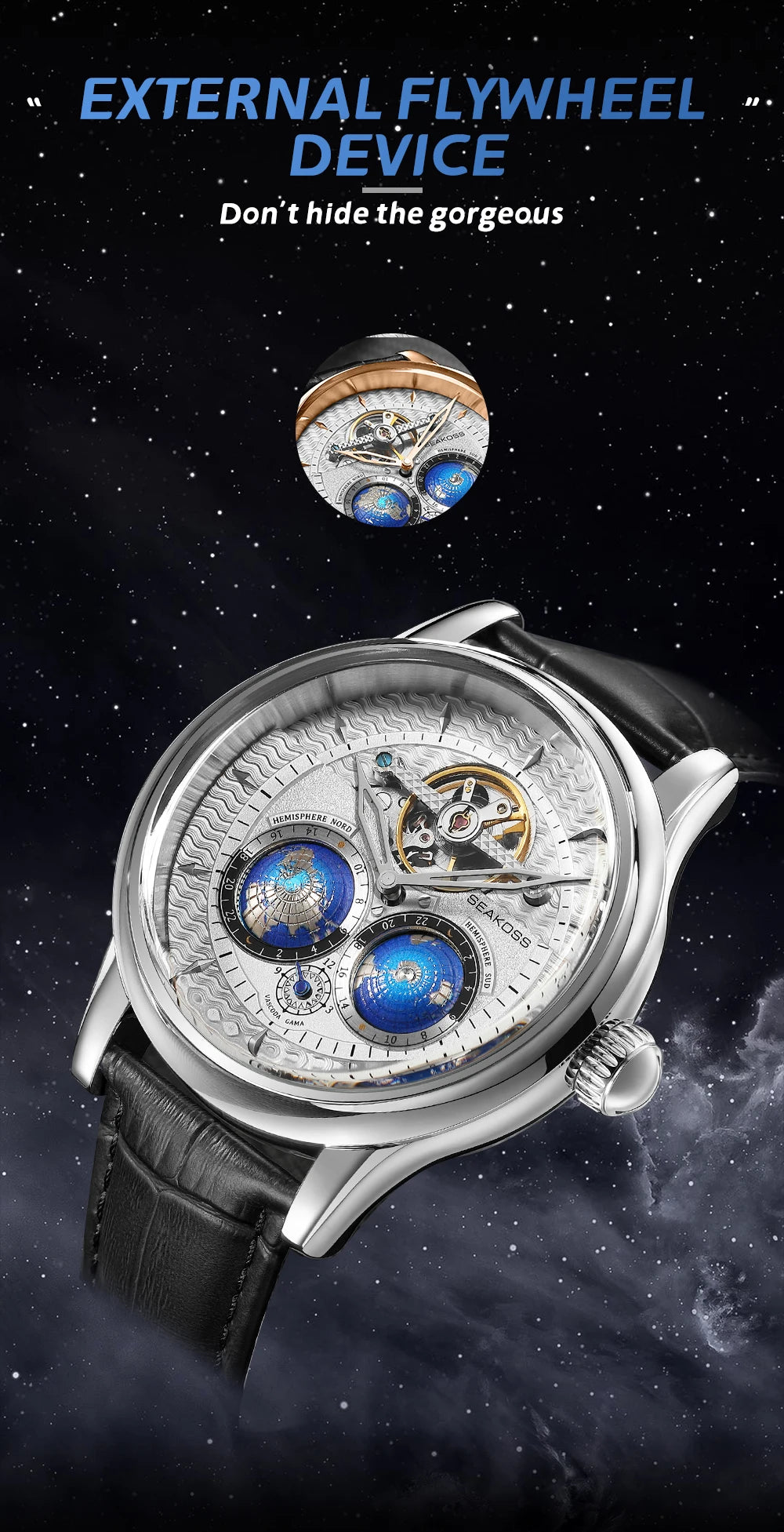 SEAKOSS Luxury Double Earth Rotating Men's Mechanical Watch Automatic Movement Waterproof Clock Pilots Men 1963 Flywheel Watches