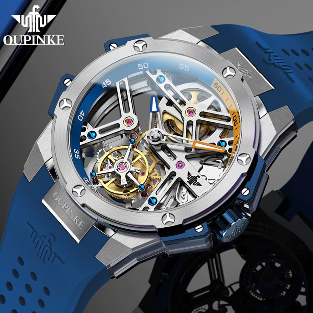 OUPINKE 8003 Tourbillon Men Watch Luxury Brand Hollow out Automatic Mechanical Watch Silicone Waterproof Sapphire Mirror Watch