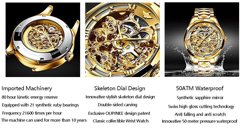 OUPINKE Watches Men Skeleton Automatic Mechanical Wristwatch Luxury Top Brand Sapphire Mirror Tungsten Steel Hollow Montre Homme