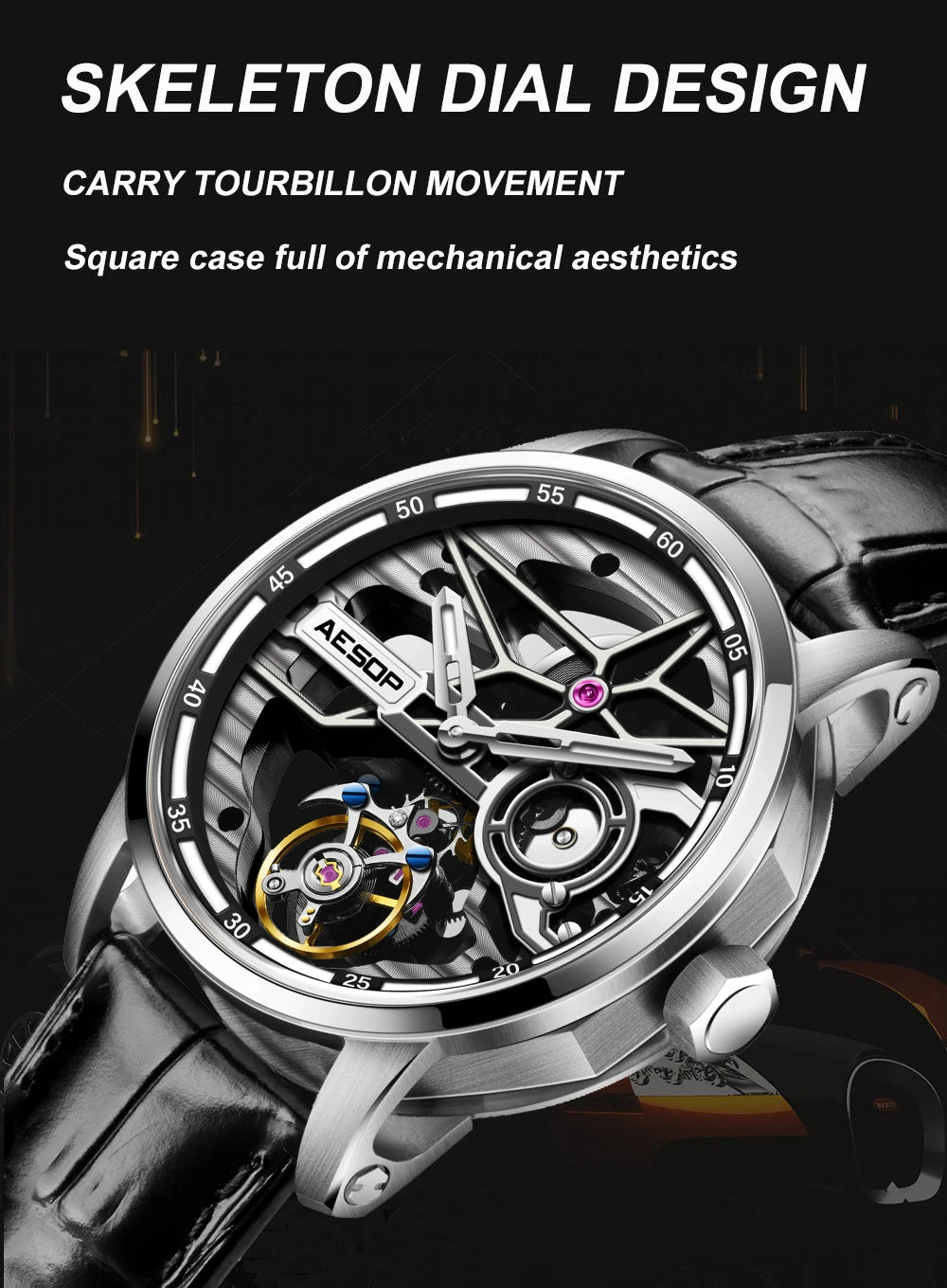 AESOP Flying Tourbillon Watch for Men Skeleton Automatic Tourbillon Movement Mechanical Wrist Watches Mens Fashion Sapphire New