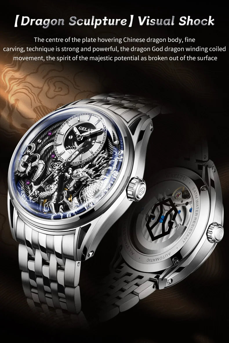 GELATU 6018 Men's Watch Top Brand Original Mechanical Watch For Men 50M Waterproof Luxury Hollow Dragon Automatic Wristwatch