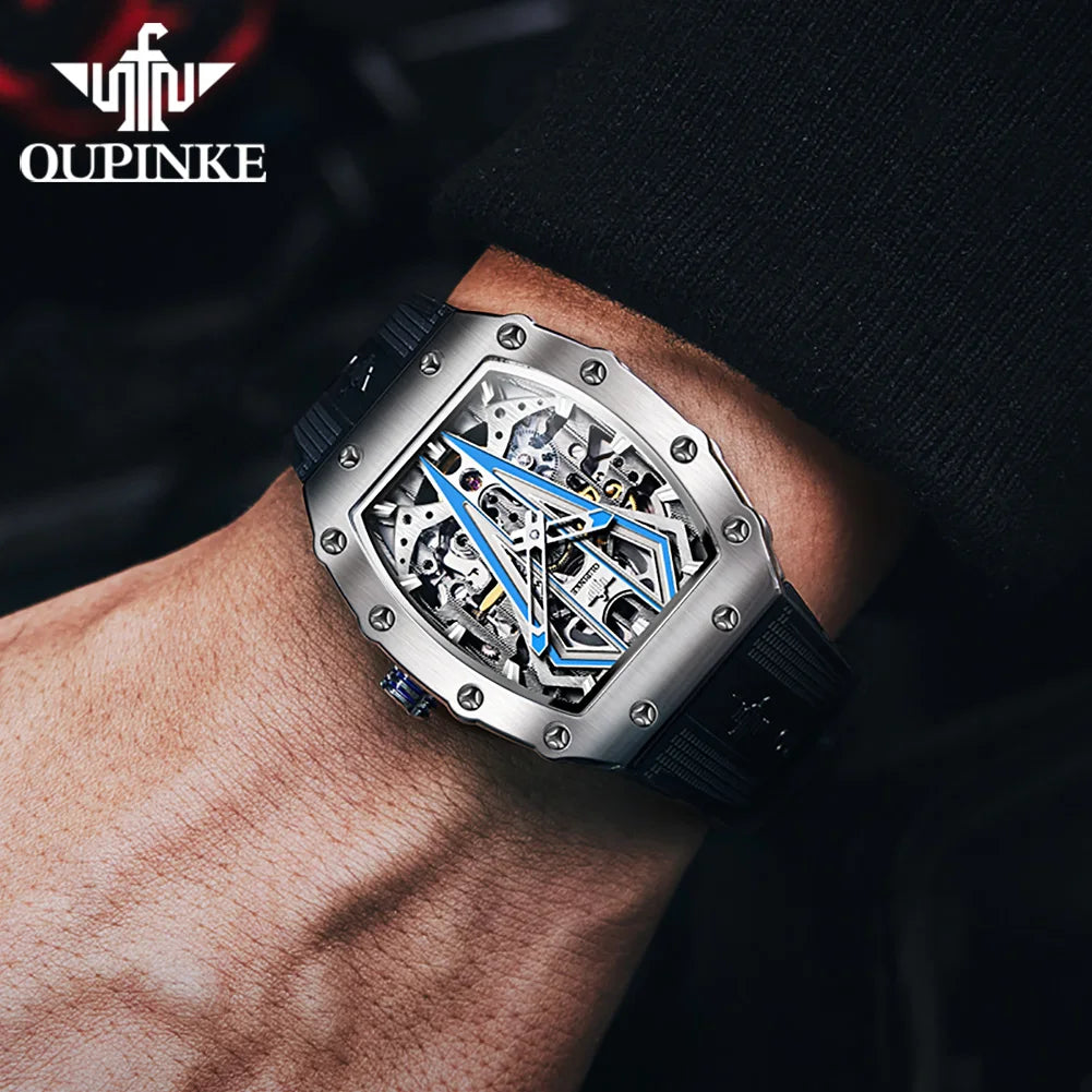 OUPINKE 3179 Men's Watches Top Brand Skeleton Tonneau Automatic Mechanical Luxury Original Watch for Men 5m Waterproof Man Watch