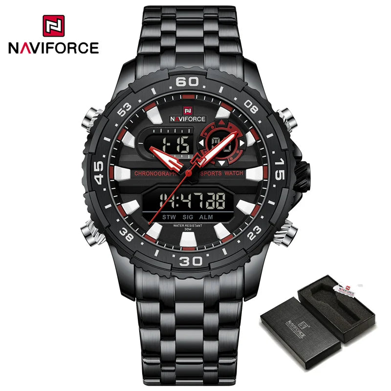 NAVIFORCE Men's Watch Luxury Waterproof Sports Chronograph Quartz Steel Band Wristwatch Digital Date and Week Display Male Clock