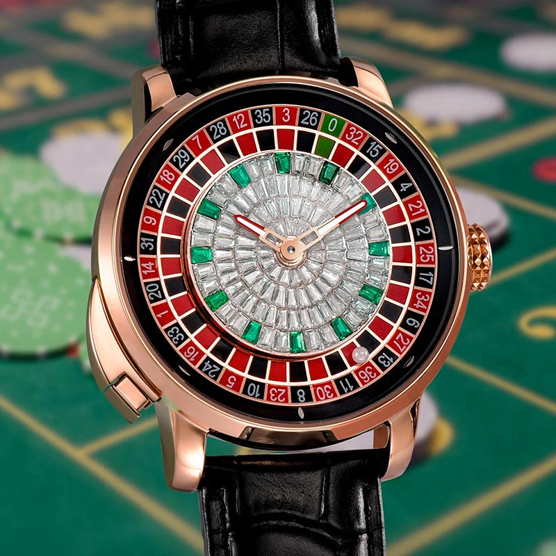 PINDU New Watches European Button Roulette Fun Game Sapphire Glass NH35A Mechanical Watch Diamond Dial Leather Men's Watch P6628