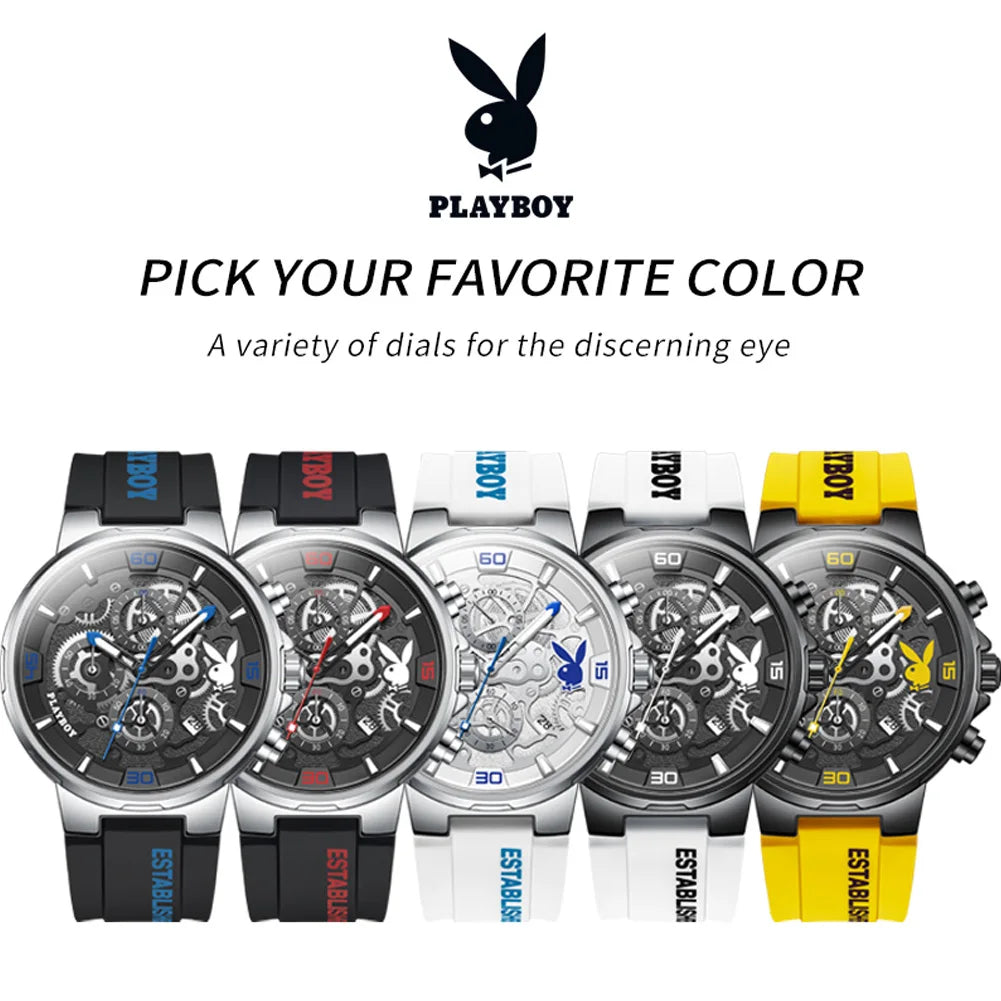 PLAYBOY Luxury Original Watch for Men Silicone Strap Fashion Quartz Men's Wrist Watches Waterproof Luminous Sports Male Watch