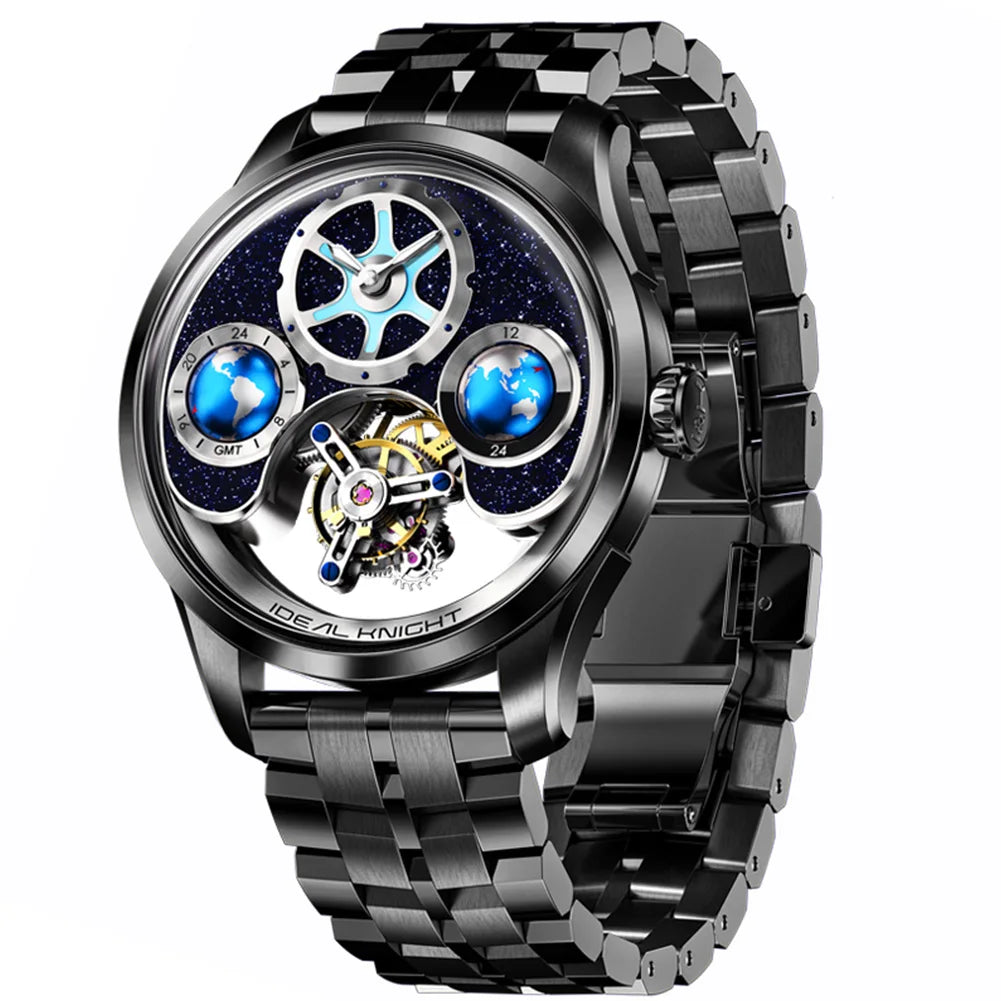 IDEAL KNIGHT Top Brand Luxruy Mens Watch Advanced Tourbillon Automatic Mechanical Watch Waterproof Luminous Dual Region Time