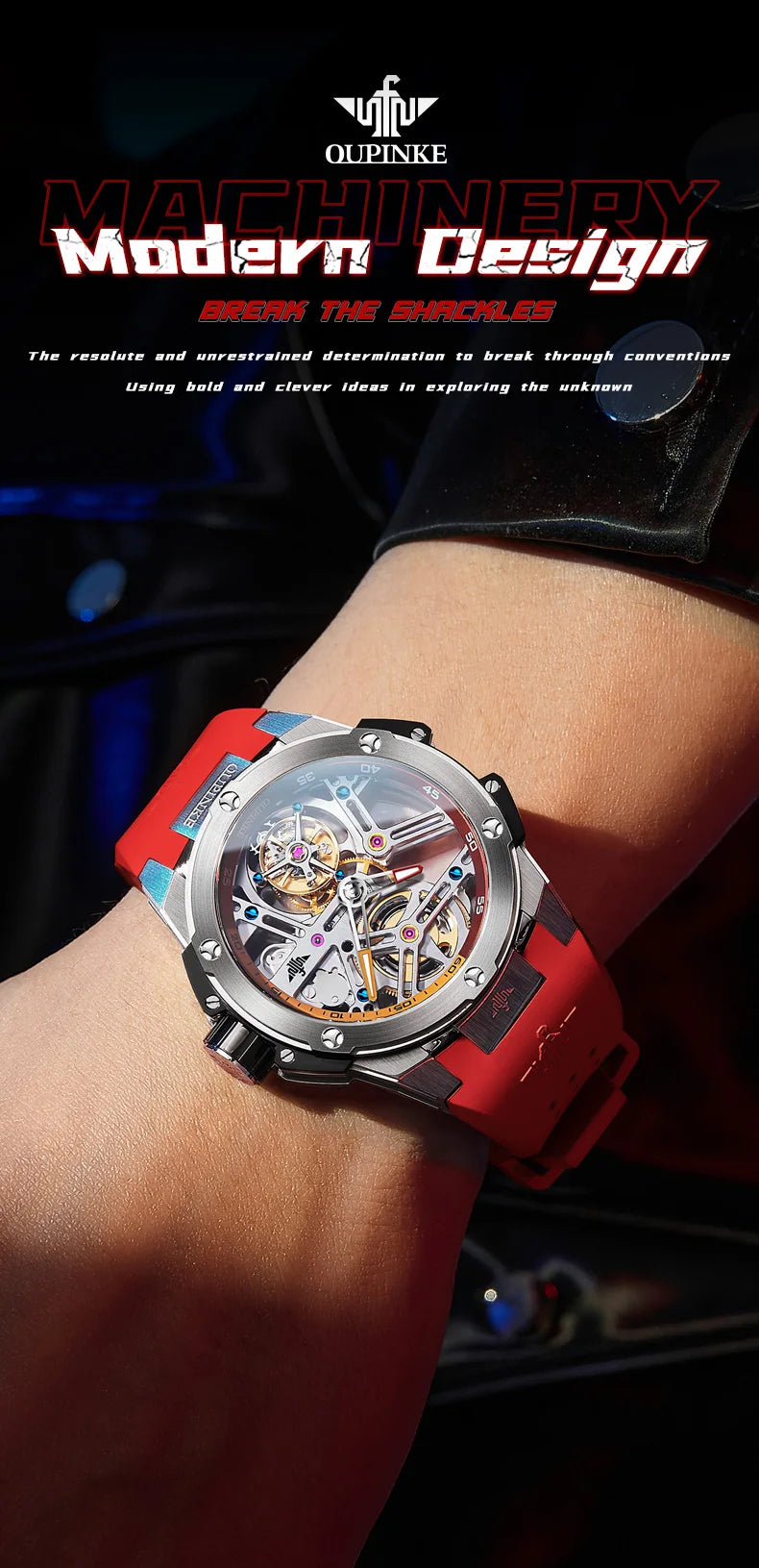 OUPINKE 8003 Men's Watch 45mm Big Dial Fashion Hollow Automatic Watch For Men Waterproof Luxury Tourbillon Mechanical Hand Clock