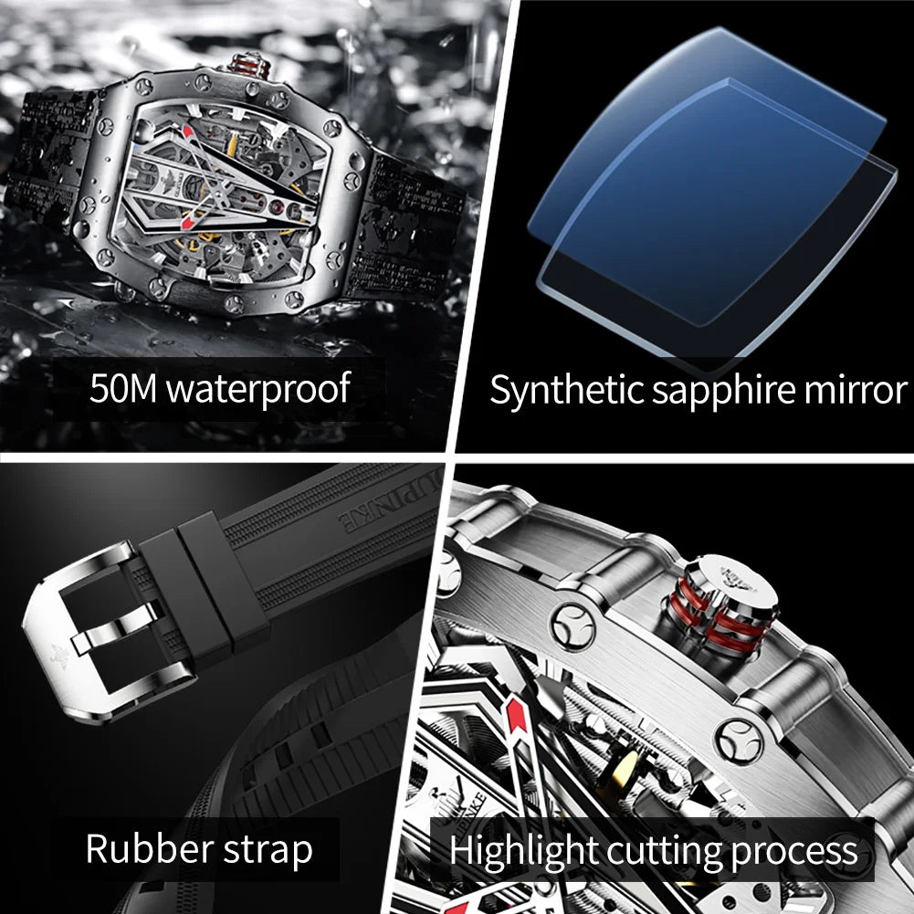 OUPINKE A3179 Mens Watch Luxury Original Brand Skeleton Automatic Mechanical Watch 50M Waterproof Luminous Silicone Strap Watch