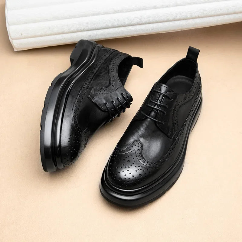 Spring Summer Leather Shoes Men's Genuine Leather Formal Casual Business British Trendy Brogue Thick Bottom Cowhide Shoes