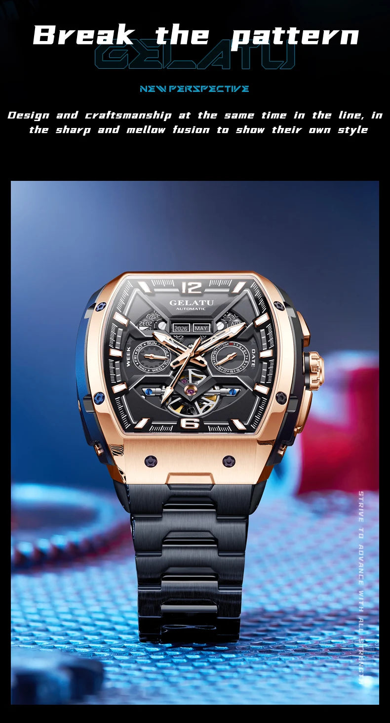 GELATU 6013 Luxury Men Hollow Automatic Mechanical Watch Waterproof Multi functional Original Men Watch Formal Watch Reloj