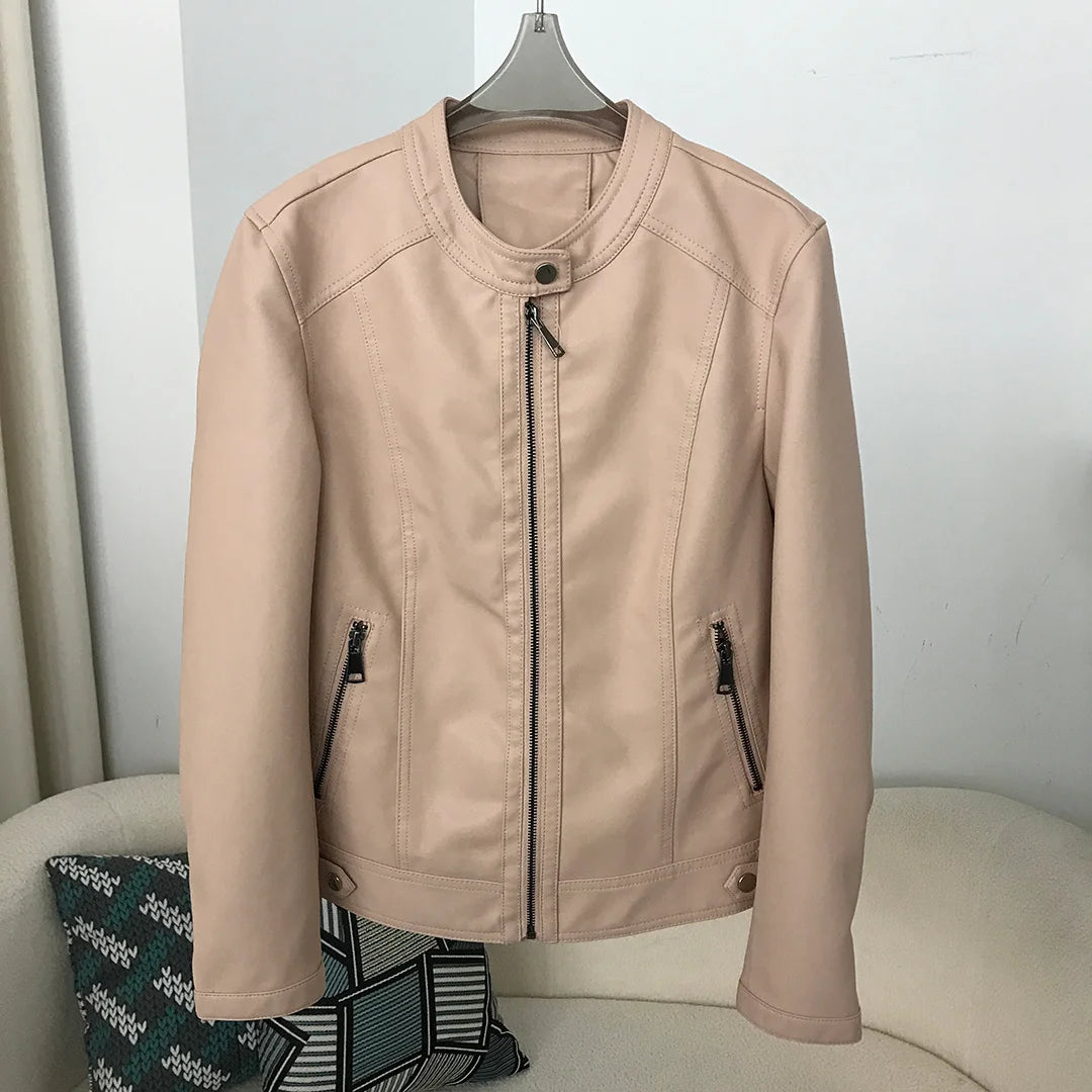 PU Leather Jacket 2024 Spring Autumn Style Round Neck Casual Fashion Slim Versatile Trendy Motorcycle Faux Leather Jacket Women