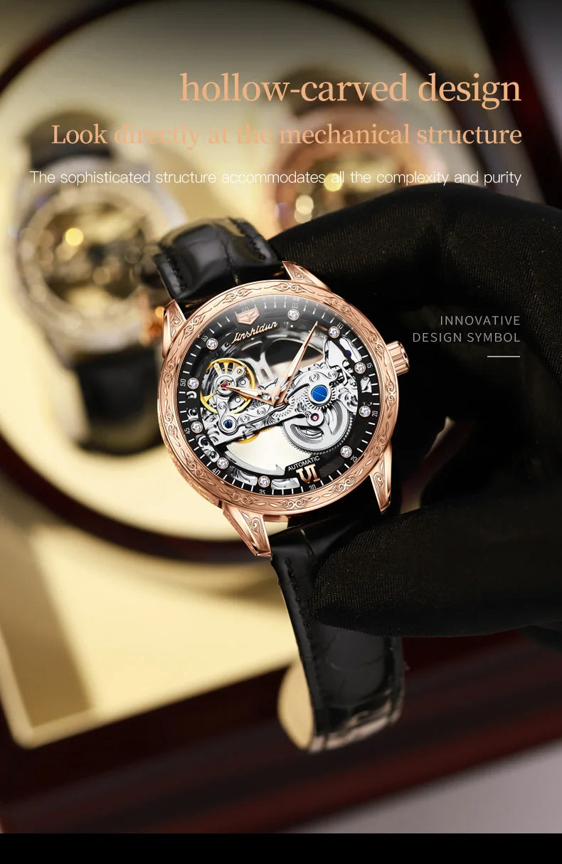 JSDUN 8917 Mens Watch Leather Strap Original Business Multifunctional Mechanical Watch﻿ Waterproof Watches For Man Gifts