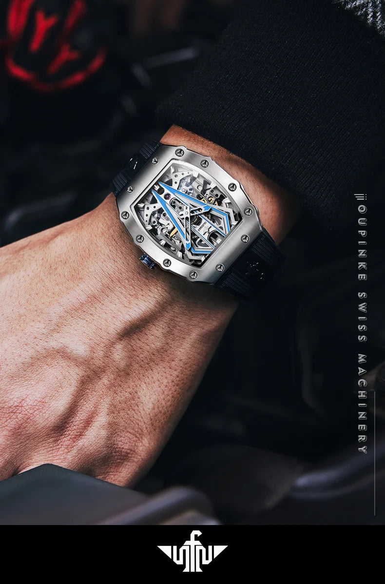 OUPINKE 3179 Men's Watches Top Brand Skeleton Tonneau Automatic Mechanical Luxury Original Watch for Men 5m Waterproof Man Watch