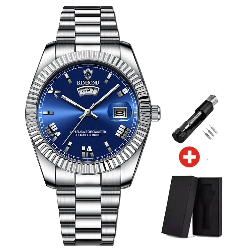 2025 New Men Business Watches Fashion Arabic Dial Steel Band Male's Luminous Waterproof Quartz Watch Set(Gift box regulator Box）