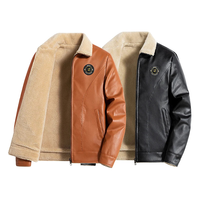 Men's Jackets Faux Leather with Fur Turn-down Collar Embroidered Brand Windproof Warm Coat Outwear